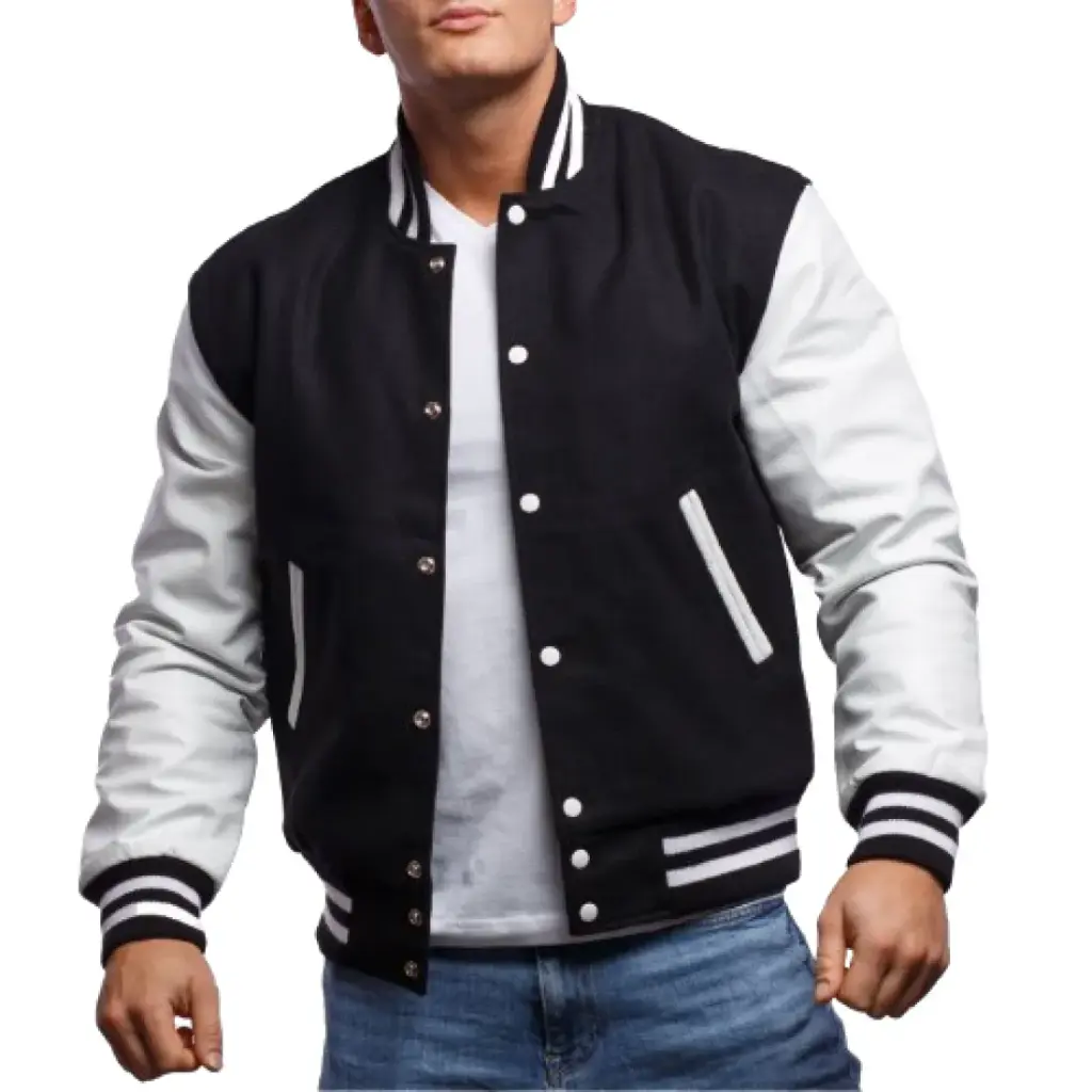 White Genuine Leather & Black Wool Varsity Letterman Jacket
