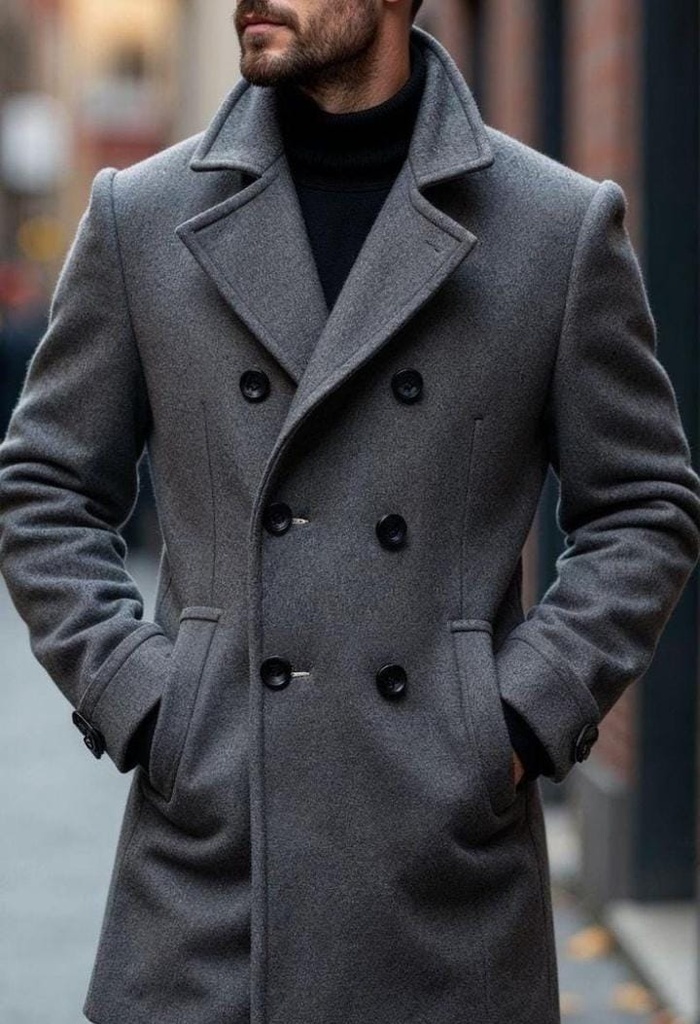 2025 Autumn/Winter New Men's Double-Breasted Tweed Coat, British Style Lapel Mid-Length Casual Blazer, Warm Business Commute 