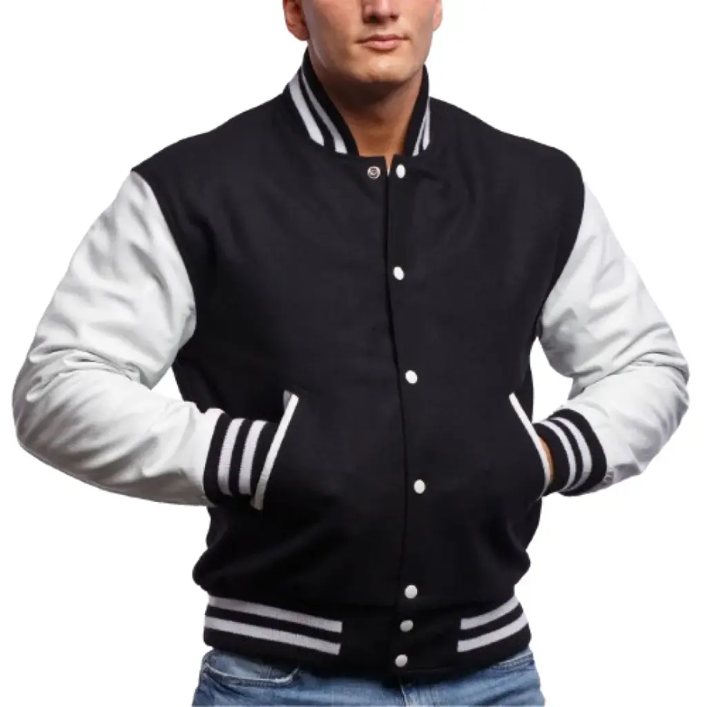 White Genuine Leather & Black Wool Varsity Letterman Jacket